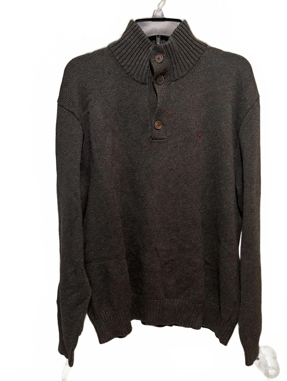 Polo Ralph Lauren Mens XL Charcoal Gray Cotton Mock Neck Button Pullover Sweater